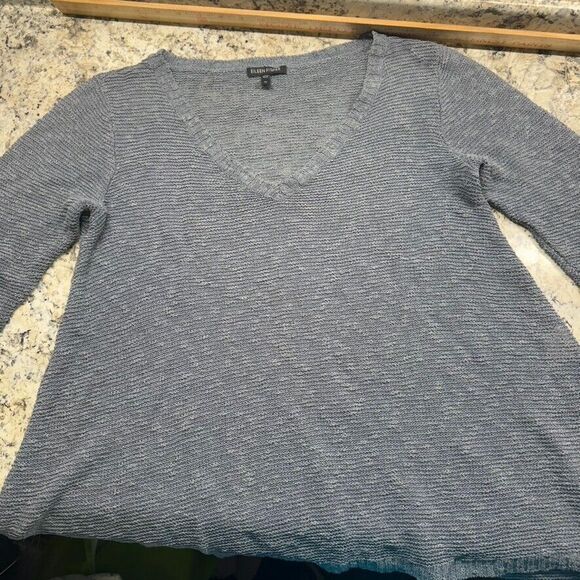 Eileen Fisher Sweater Gray Size M Linen Blend V Neck Pullover Loose Knit - Picture 1 of 11